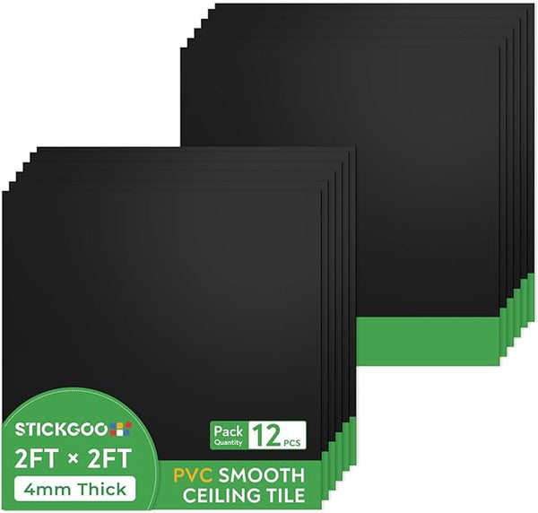 STICKGOO Black Ceiling Tiles 2ft x 2ft Smooth PVC Ceiling Panel