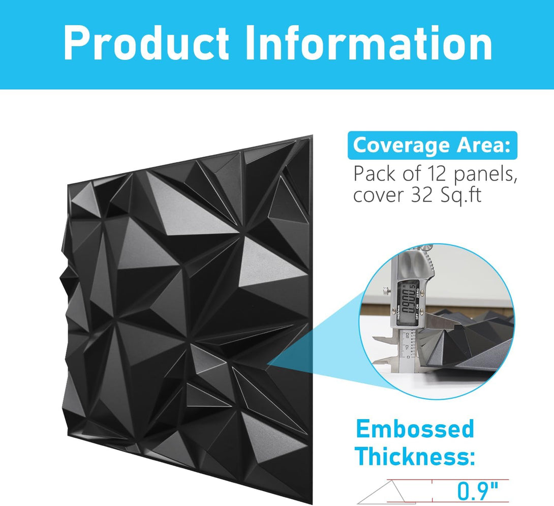 STICKGOO 12-PackIrregular Diamond 3D Decorative PVC Wall Panels Black