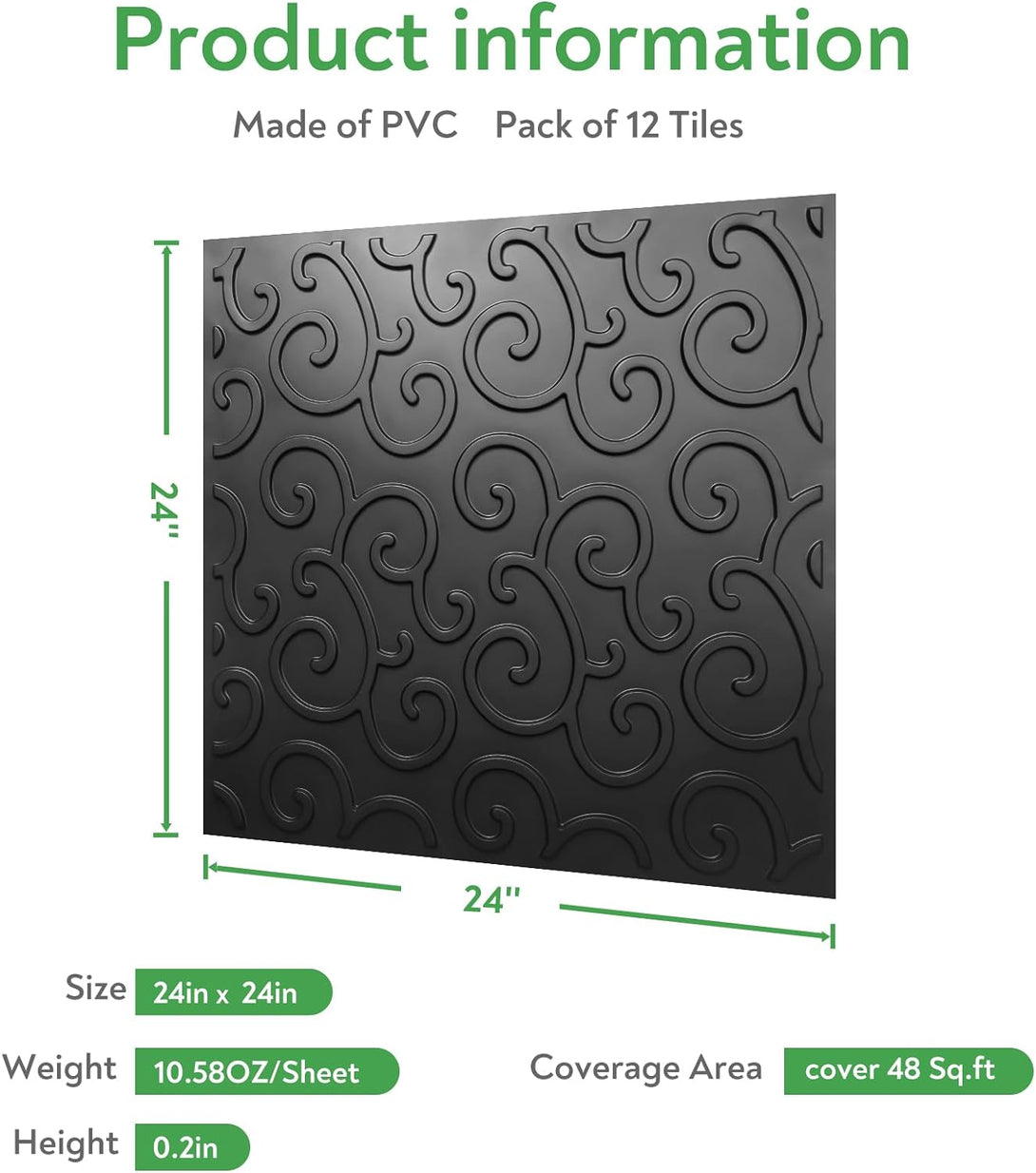 STICKGOO 12-Pack Black Decorative Drop-in Ceiling Tiles 24" x 24"
