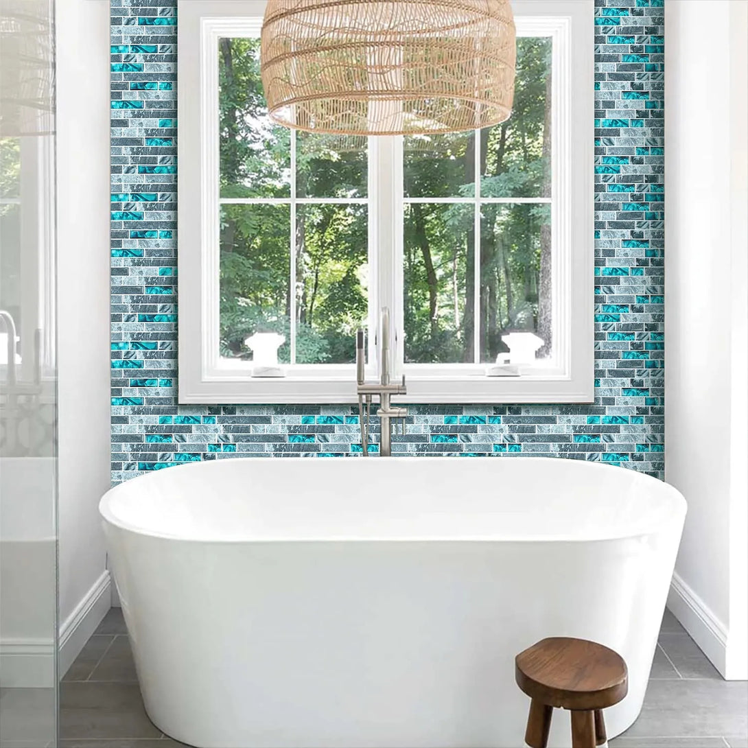 STICKGOO 12" x 12" Gray & Teal Linear Blend Peel and Stick Mosaic Tile