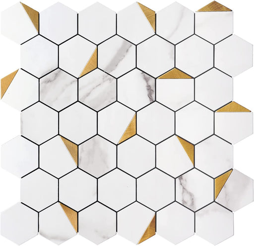 STICKGOO White Marble & Gold Peel and Stick Tiles Metal Kitchen Backsplash