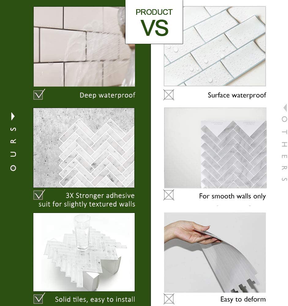 STICKGOO 10pcs Carrara White Stick & Peel Herringbone Backsplash Tile