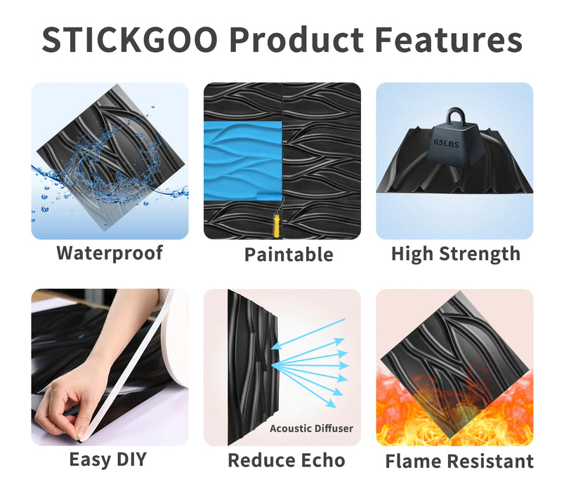STICKGOO 3D Panels For Walls Black Wave Wall Tiles For Interior Décor