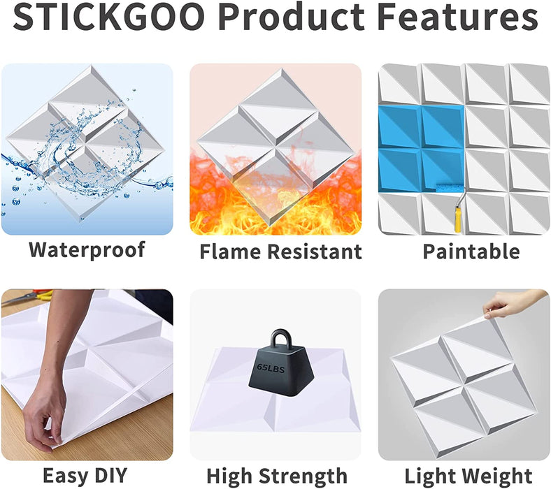 STICKGOO 12 Pcs White Diamond Design 3D Wall Panels For Interior Wall