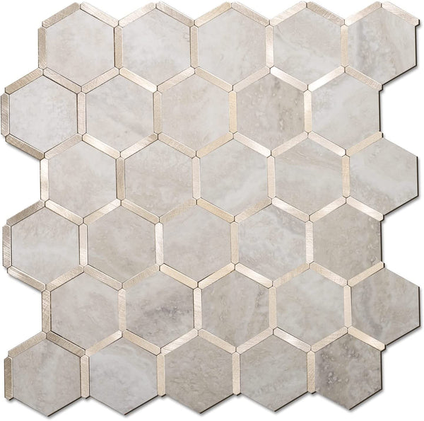 STICKGOO Beige Marble Hexagon Metallic Backsplash Peel and Stick Tile