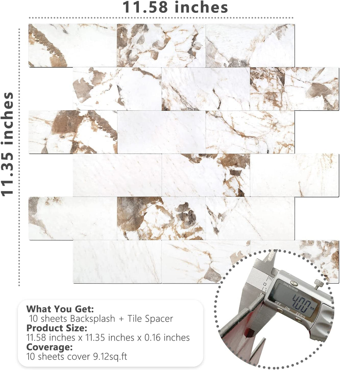 STICKGOO Metal Tile Backsplash Peel and Stick Subway Tile - White Marble