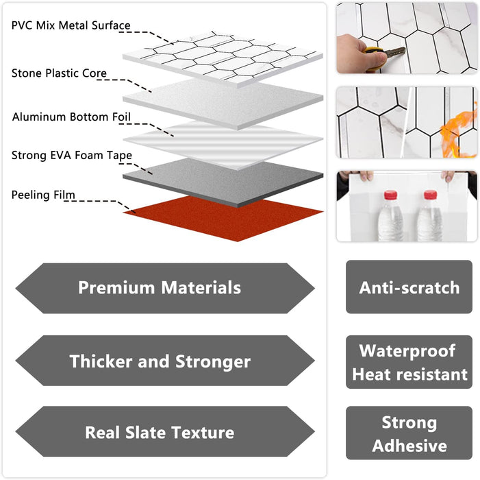 Vamos Tile 12''x12'' White Marble Hexagon Backsplash Peel and Stick 10