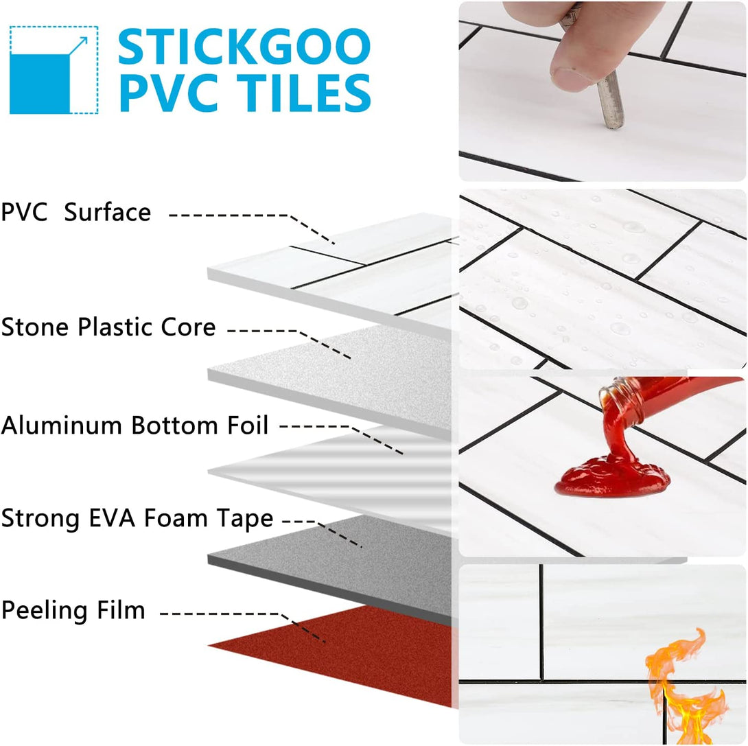 STICKGOO 3''x6'' Marble White Subway Tile Backsplash Peel and Stick 10Pcs