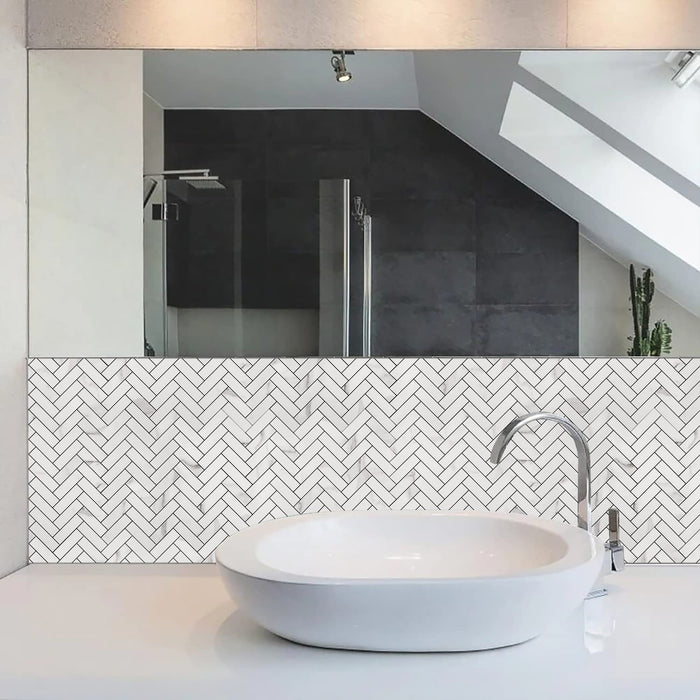 STICKGOO White Marble Herringbone Backsplash Stick On Wall Tile Kitchen