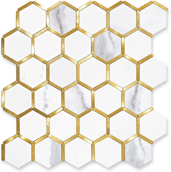 STICKGOO White Marble & Gold PVC Peel and Stick Tile Hexagon Backsplash