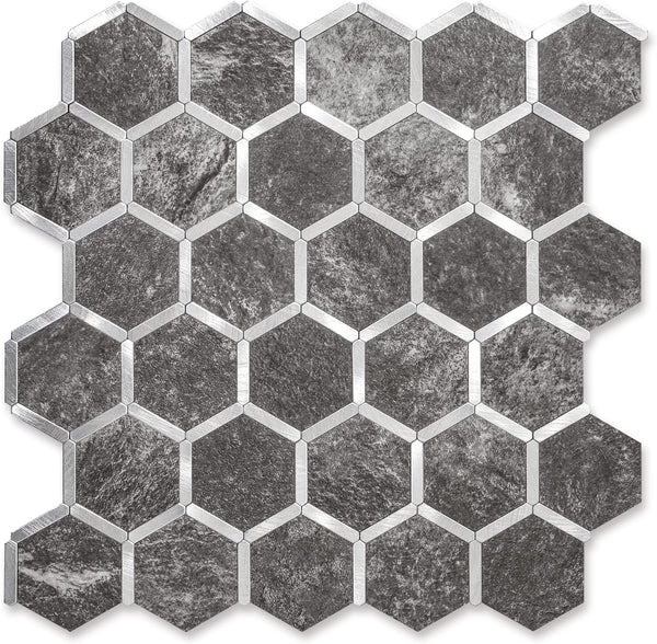 STICKGOO Black & Metal Silver Hexagon Backsplash Peel and Stick Tile