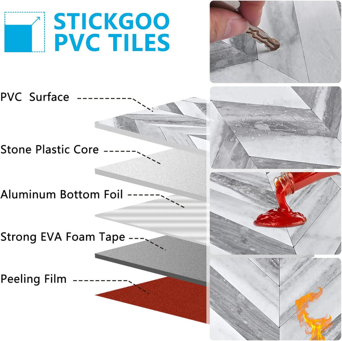 STICKGOO Herringbone Peel and Stick Backsplash, 10 Sheets Marble Grey Look  Stick on Backsplash for Kitchen Wall Decor, PVC Self Adhesive Tiles 