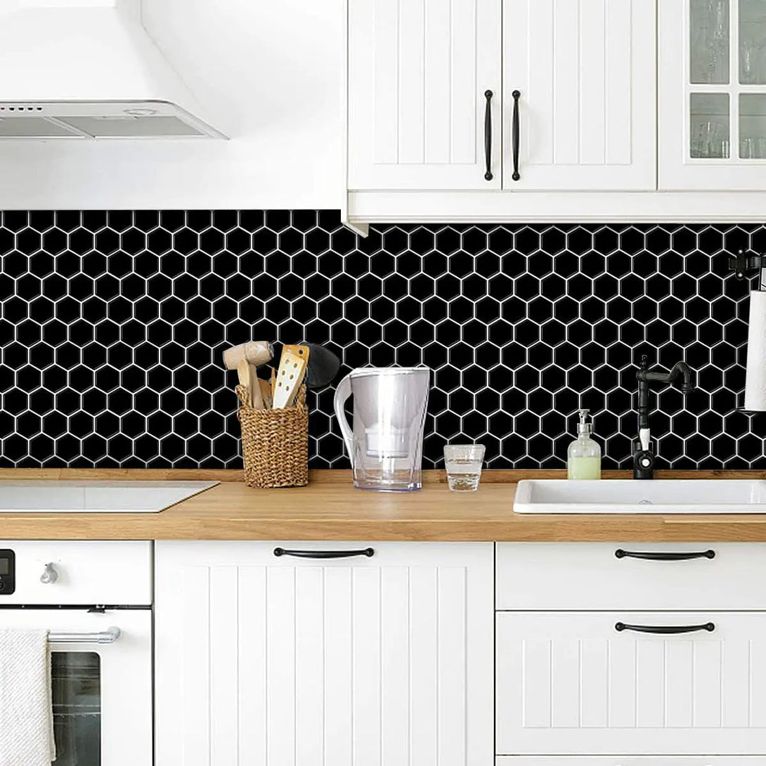 STICKGOO 12''x12'' Black Hexagon Peel and Stick Backsplash Kitchen 10Pcs
