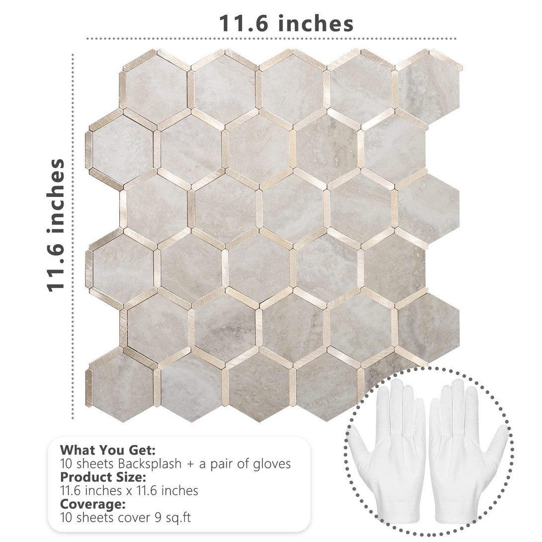 STICKGOO Beige Marble Hexagon Metallic Backsplash Peel and Stick Tile