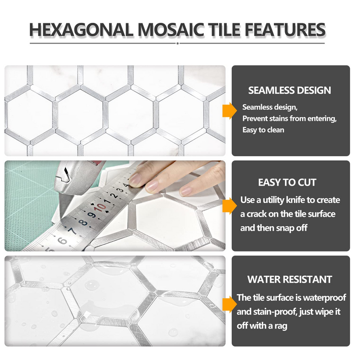 STICKGOO White Marble & Silver Hexagon Backsplash Peel and Stick Tile