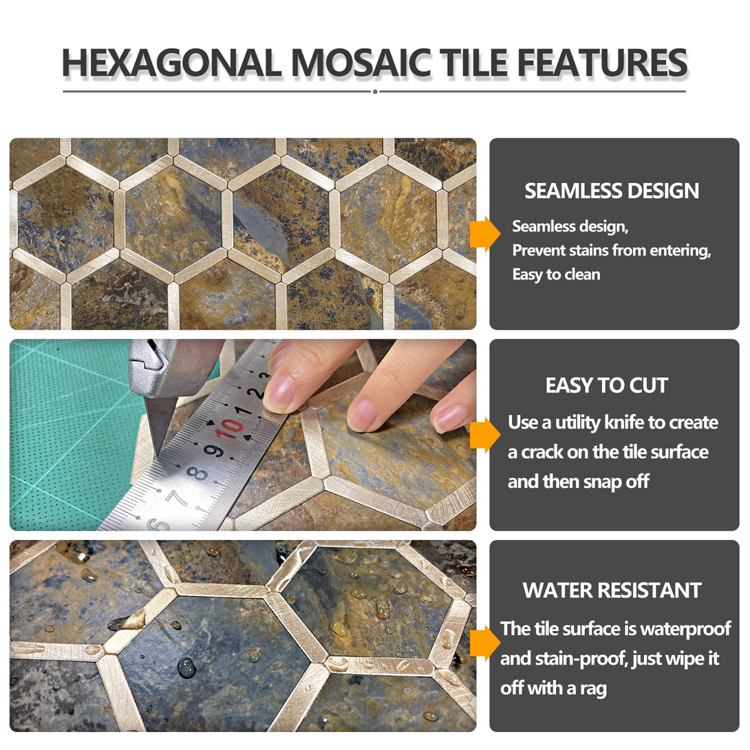 STICKGOO Hexagon Backsplash Kitchen Peel and Stick Tile - Rust Slate