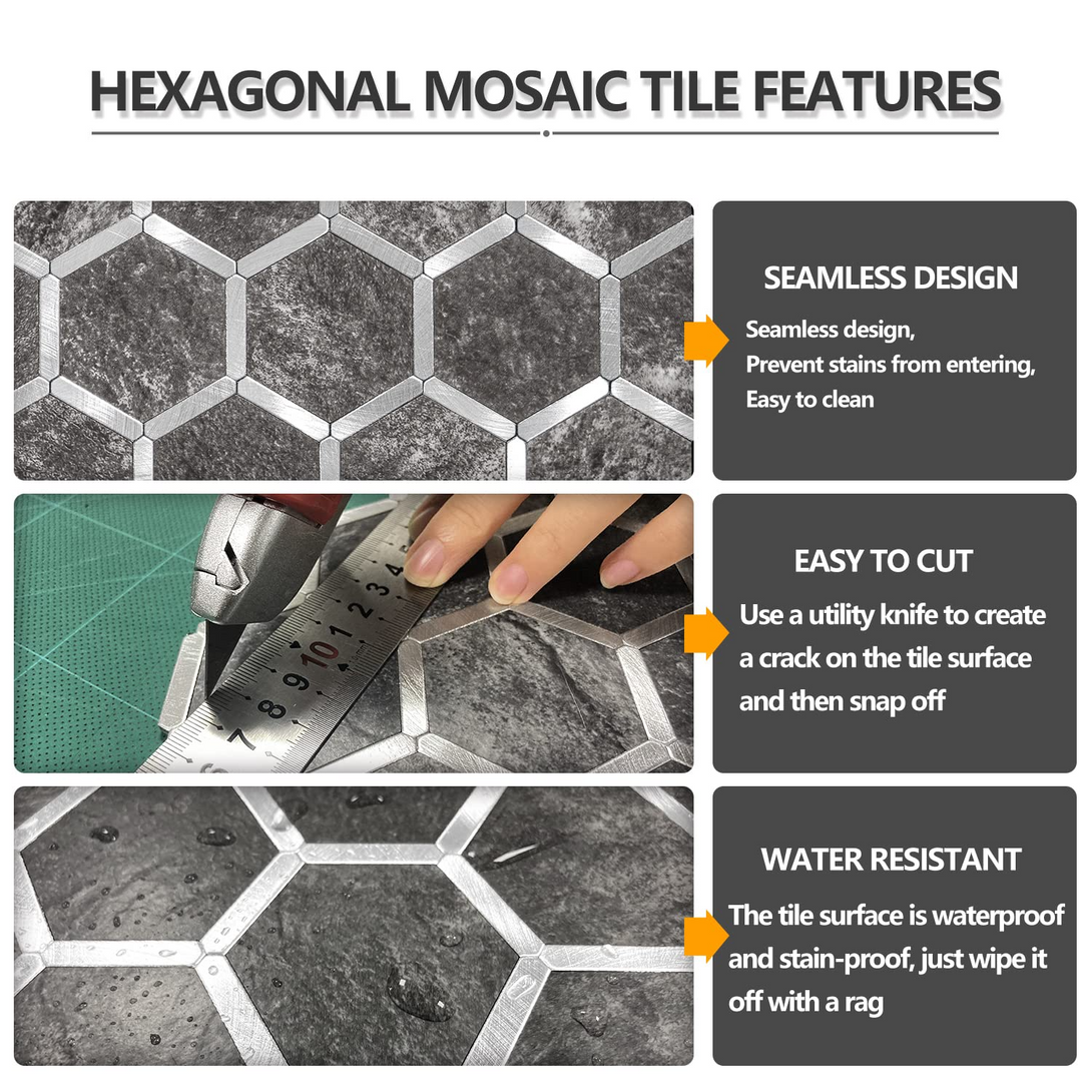 STICKGOO Black & Metal Silver Hexagon Backsplash Peel and Stick Tile