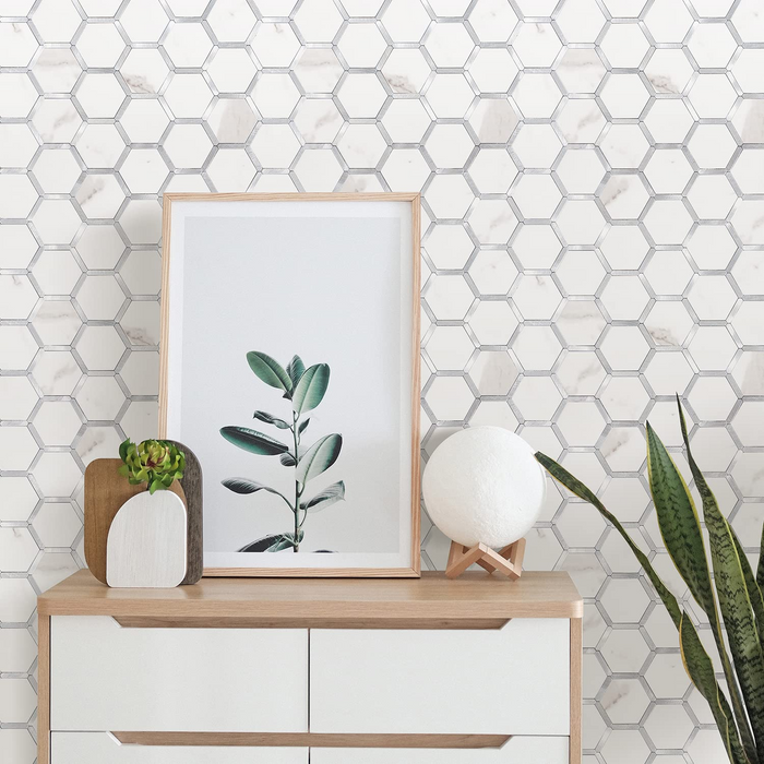 STICKGOO White Marble & Silver Hexagon Backsplash Peel and Stick Tile